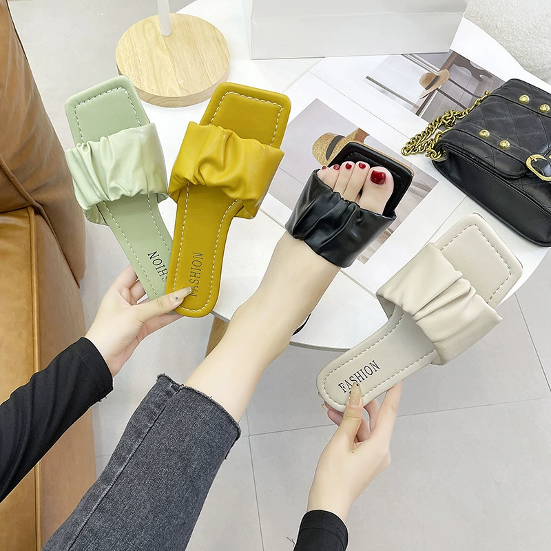 Женские тапочки на плоской подошве, Новинка лета 2020, верхняя одежда в Корейском стиле, модные плиссированные сандалии, тапочки в сказочном стиле с квадратной головкой