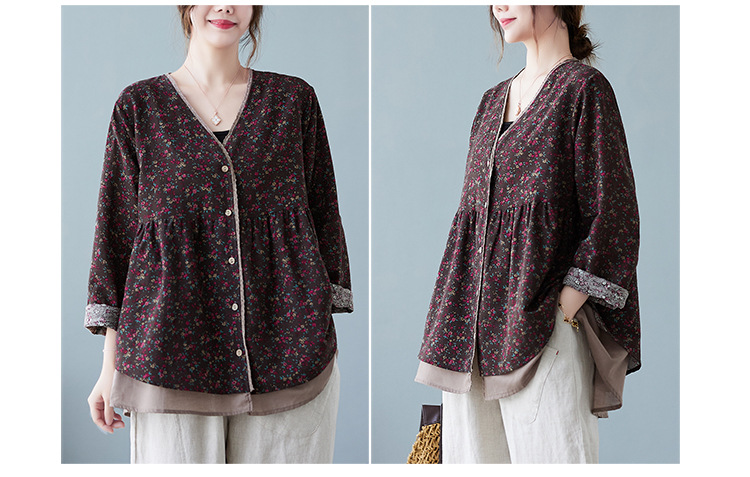 350g Weight Long Sleeve Sleeve Length Single Breasted Placket Type Regular Sleeve Sleeve Type Printing, Cotton and Linen, Hemp Fabric Type Ordinary Model (50cm <Length ≤ 65cm) Top Length Fake two-piece set, Shirt Tops Type V Neck Neckline Loose Fit Type Floral Pattern Temperament Commuter, Commute style Style Printing Craft Autumn 2025 Women's Floral V-neck Open Cardigan Fake Two-Piece Loose Cotton Linen Plus Size Shirt Elegant Commute Style 16