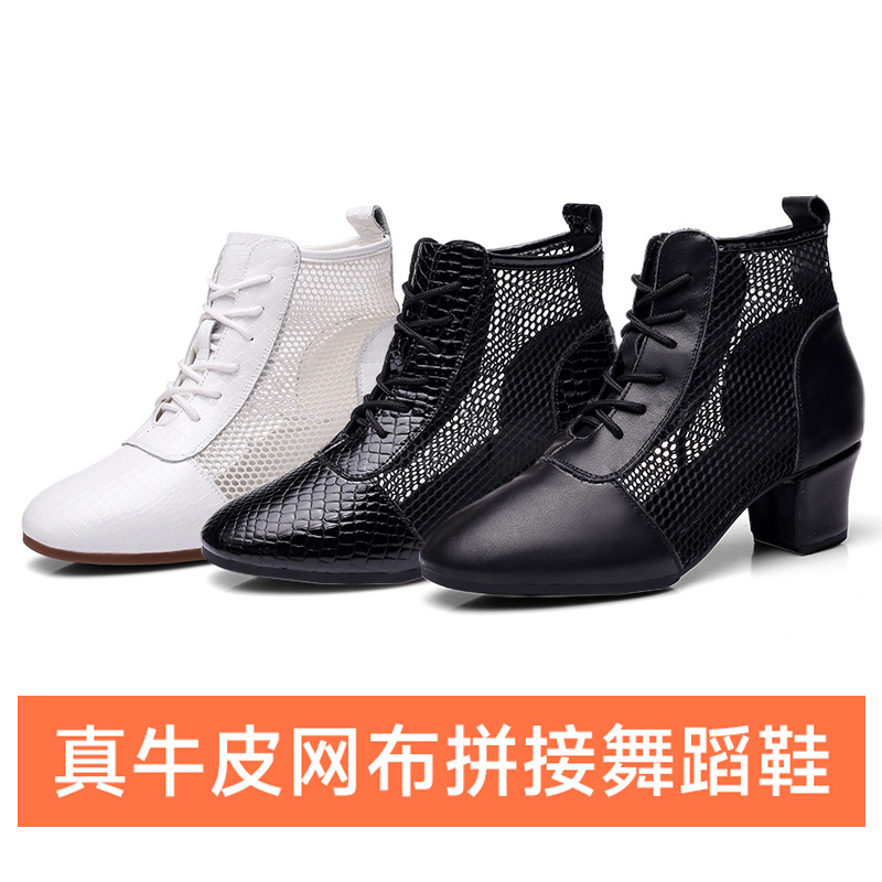 New summer high-waisted genuine leather patchwork hollow mesh adult teacher shoes mid-heel soft sole outdoor square fashion dance shoes