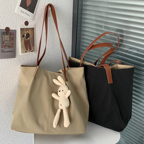ins nylon canvas women's shoulder bag Japanese style literary fresh Hong Kong style simple solid color blank shopping bag tote bag