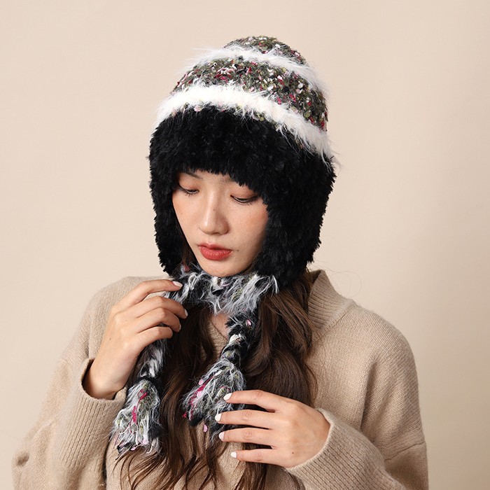 Cappello di lana lavorato a maglia con lacci colorati per donna autunno inverno nuovo caldo protezione per le orecchie e fascia per la testa a strisce colorate_voghion.com