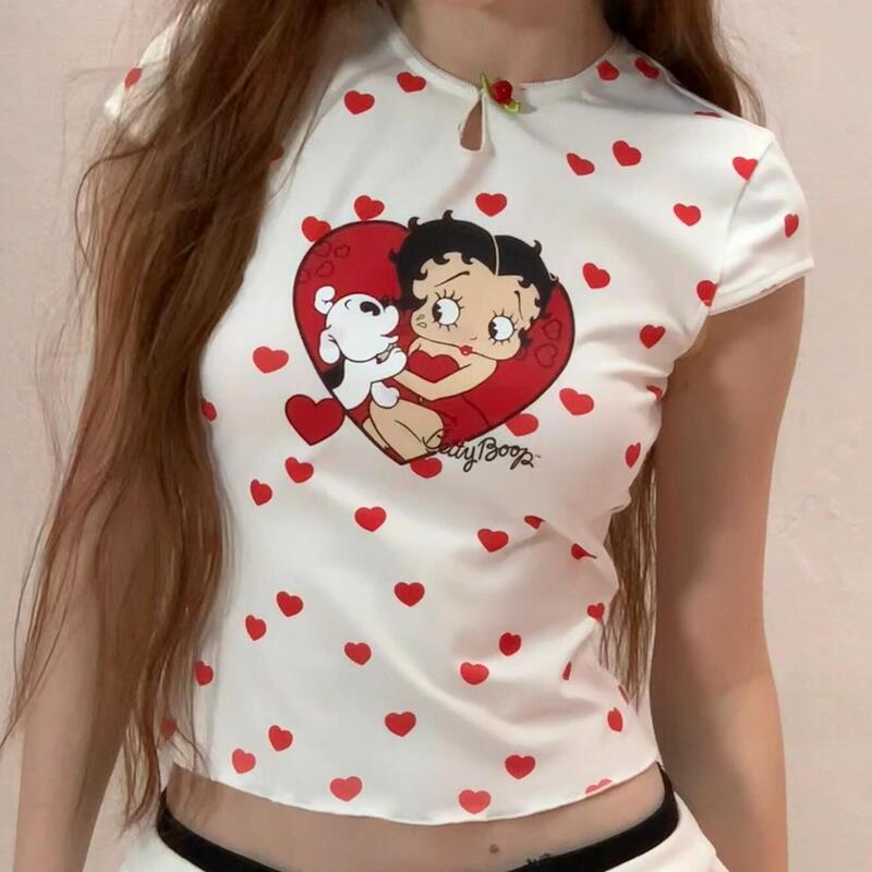 Love T-shirt slimming short-sleeved top polo dot sweet and spicy print short front shoulder joint Betty slim fit
