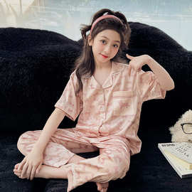 女童冰雪丝家居服儿童短袖长裤两件套夏季中大童女孩翻领开衫睡衣