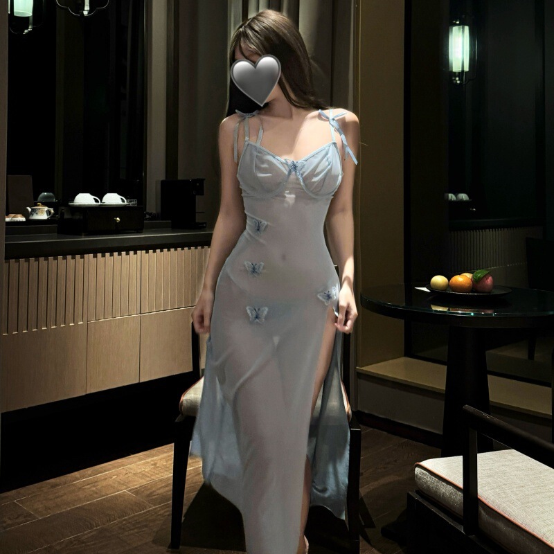 Sexy Lingerie with Sheer Mesh, Alluring Backless Nightgown, Pure Desire Style, High-Slit Camisole Long Dress 9465 Sexy Lingerie with Sheer Mesh, Alluring Backless Nightgown, Pure Desire Style, High-Slit Camisole Long Dress 9465