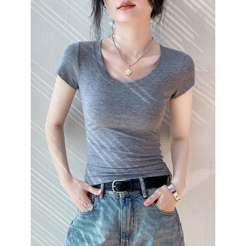 U-neck pure cotton short-sleeve T-shirt for women, 2026 summer new style, solid color, slim fit, regular shoulder, low-neck top