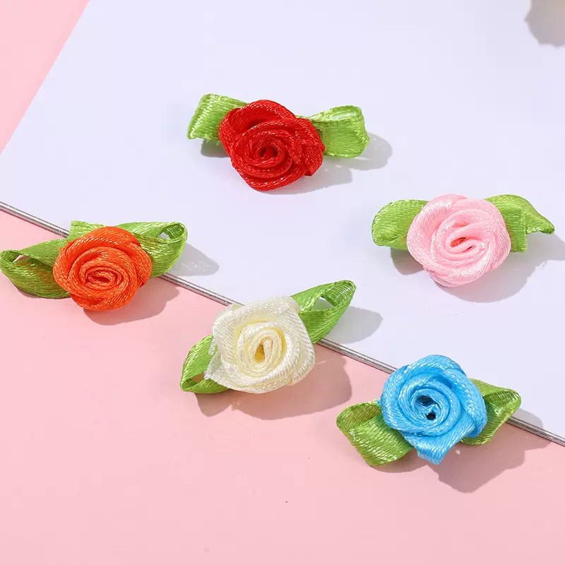 现货手工缎带玫瑰花配绿叶 八字叶玫瑰 玩具 头饰 DIY配件