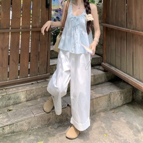 Fashion Set Women Blue Pleated Straps Tank Top 2025 Summer Loose Wide Leg Pants Casual Pants Two Piece Set