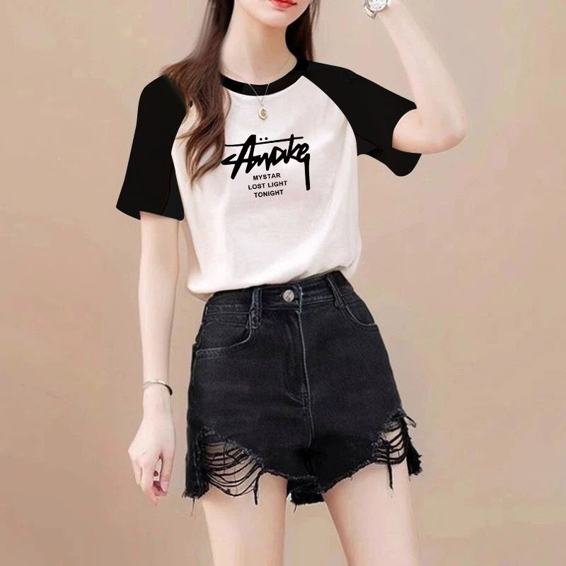 Pure Cotton Short-Sleeved T-Shirt for Women, Summer Korean Style Loose Design, Black and White Contrasting Raglan Sleeve Top, All-Cotton T-Shirt Ins