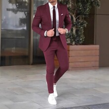 跨境新款男士新郎西服套装两件套纯色修身宴会礼服套装外套现货