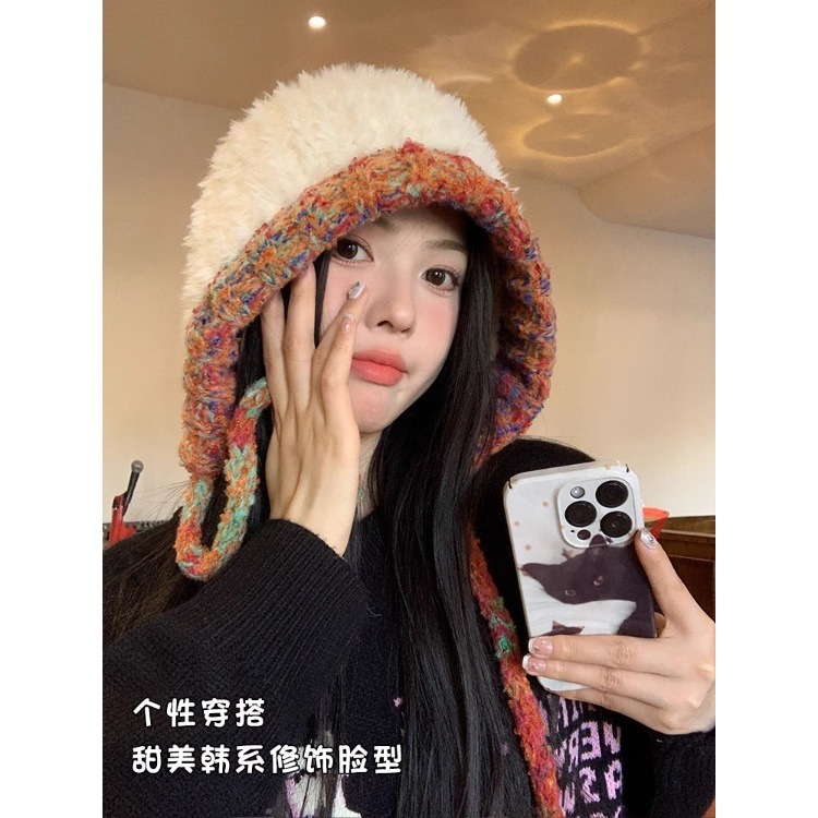 毛绒针织帽子女秋冬手工大头围包包帽加厚保暖毛茸茸显脸小护耳帽|undefined