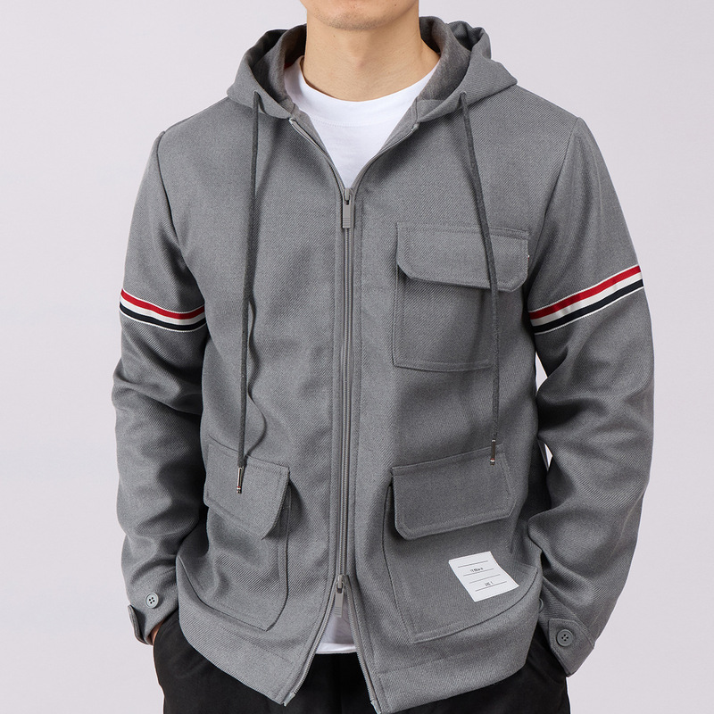 Tb Style Academy-Style Hooded Work Jacket with Red and White Striped Webbing and Multiple Pockets, Gray Spring and Autumn Men's Jacket Tb Style Academy-Style Hooded Work Jacket with Red and White Striped Webbing and Multiple Pockets, Gray Spring and Autumn Men's Jacket