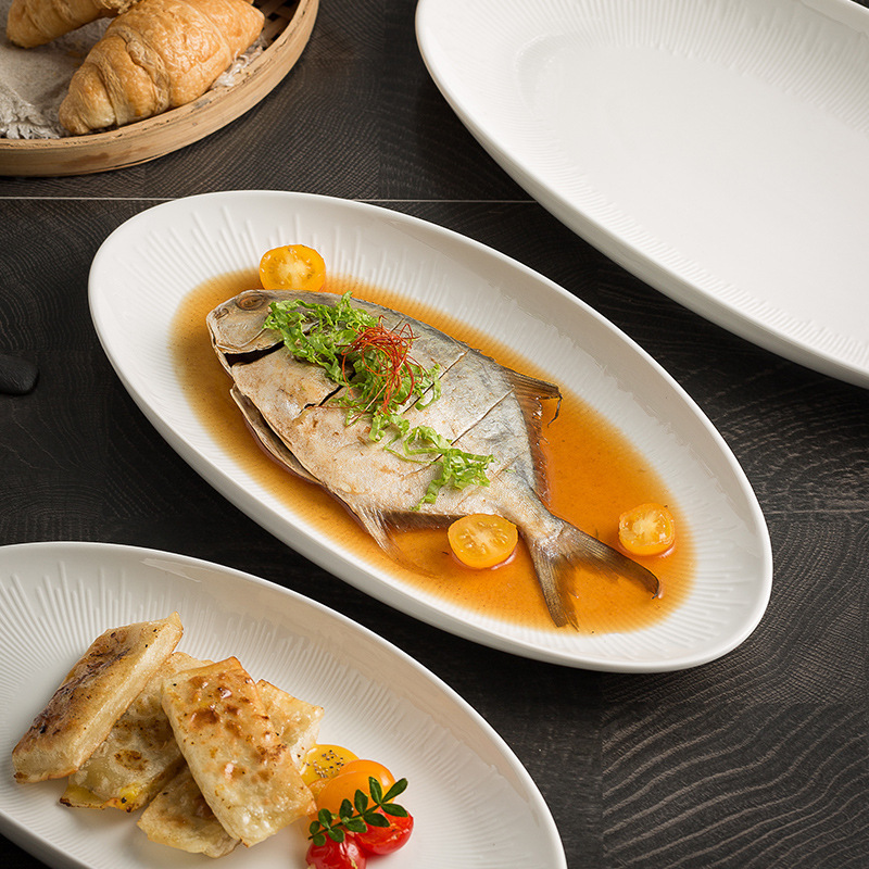 White Porcelain Advanced Sense Fish Plate Restaurant Cold Cuisine Plate Denier Shape Swing Plate Hotel Seafood Plate Household High Temperature Resistant Steamed Fish Plate