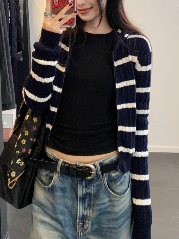 藏青色条纹连帽麻花针织开衫外套女韩系氛围感早秋季穿搭毛衣上衣|undefined