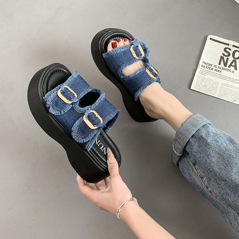 2026 verano sandalias de altura denim transfronterizas ventas calientes casuales redondas de cordón trasero sandalias de playa