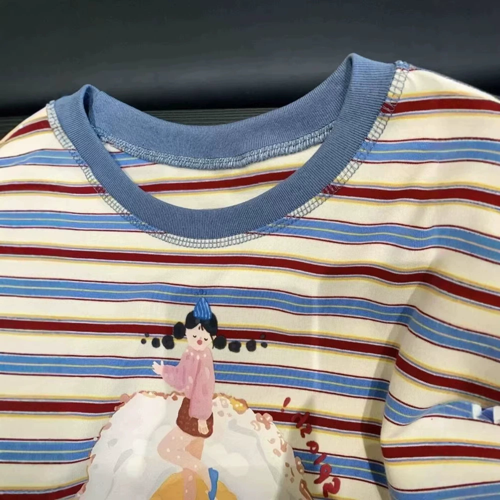 Дофамин корейский цветной полосатый хлопковый футболка женский дизайн кружево вставка возрастопонижающая свободная верхняя часть мода 2026