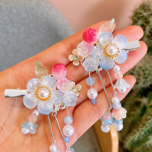 Sweet Chinese-style Hanfu hair accessories for children, flower-shaped tassels, step-flowers hair clips, princess-style accessories for girls