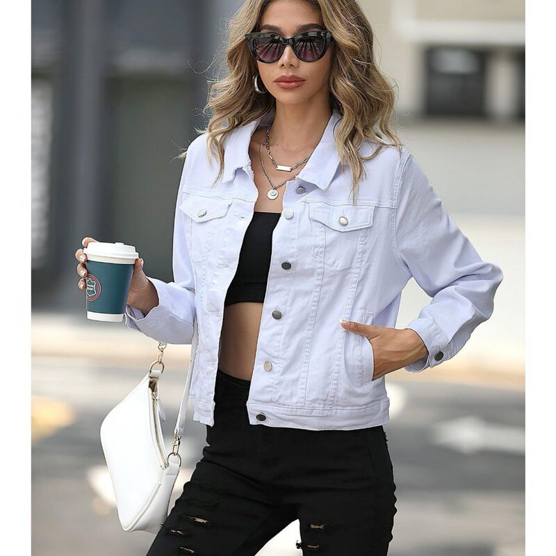 2025 European and American Foreign Trade Cross-Border Fashion Slim Women's Pilot Jacket Lapel Denim Solid Color Pocket Versatile Coat