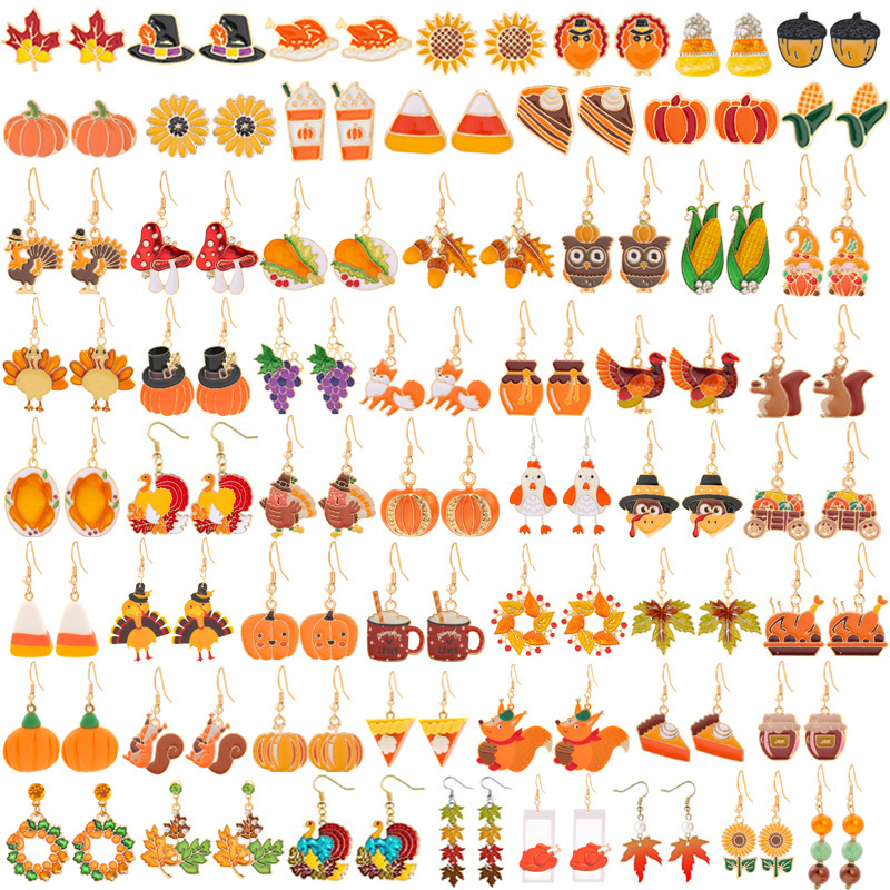 Amazon Autumn Thanksgiving Earrings Maple Leaf Turkey Pumpkin Sunflower Earrings New Alloy Oil Drop Earrings for Women