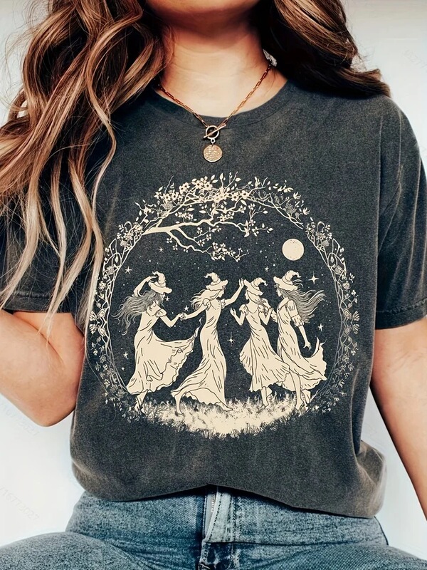 European Size Dancing Witch Moonlight Woman Tee - Witch Graphic, Casual Bohemian Top
