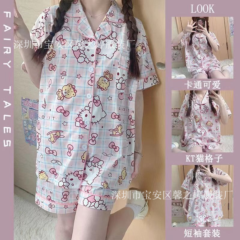 Ladies Pajamas Thai Hot-Selling Cardigan Pajamas Women's Short-Sleeved Shorts Cartoon Cute Home Clothes Set