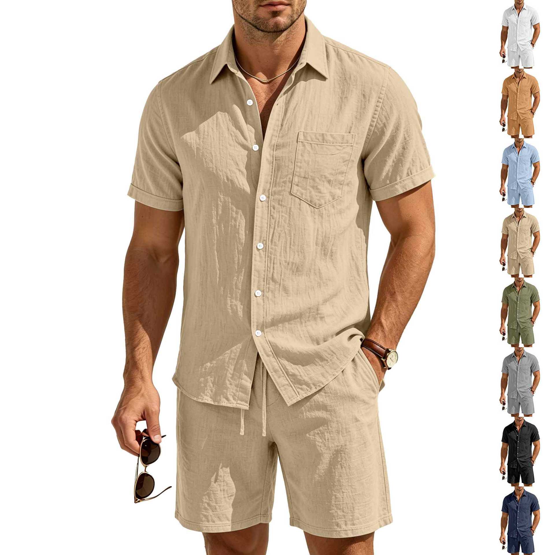 Cross-border European and American summer men's linen collared short-sleeved shirt and shorts suit, cotton and linen breathable, ready stock wholesale.