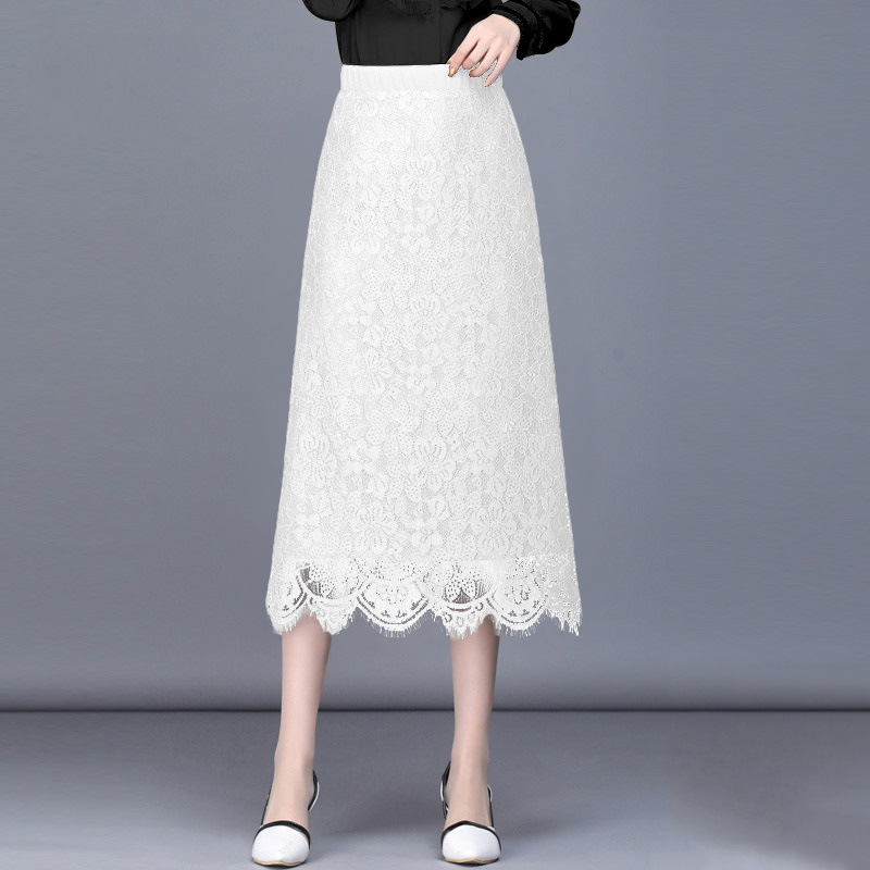 New lace skirt mid-length high-waisted skirt spring and autumn over-knee slimming skirt hip-covering drooping skirt