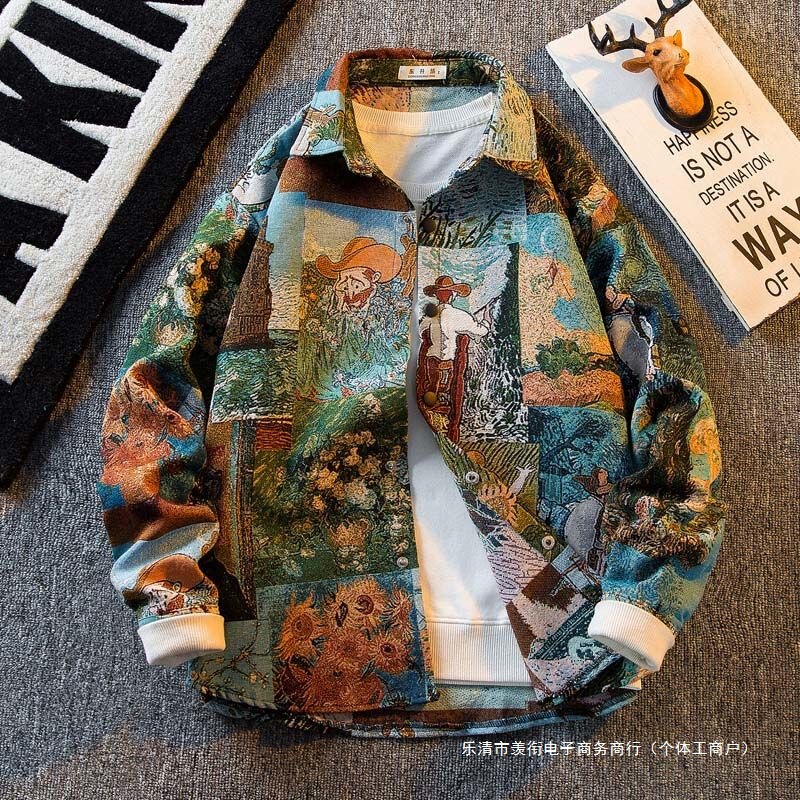 Men's American Vintage Retro Van Gogh Oil Painting Shirt Men's Long-Sleeved Trendy Brand Art Student Shirt Casual Jacket