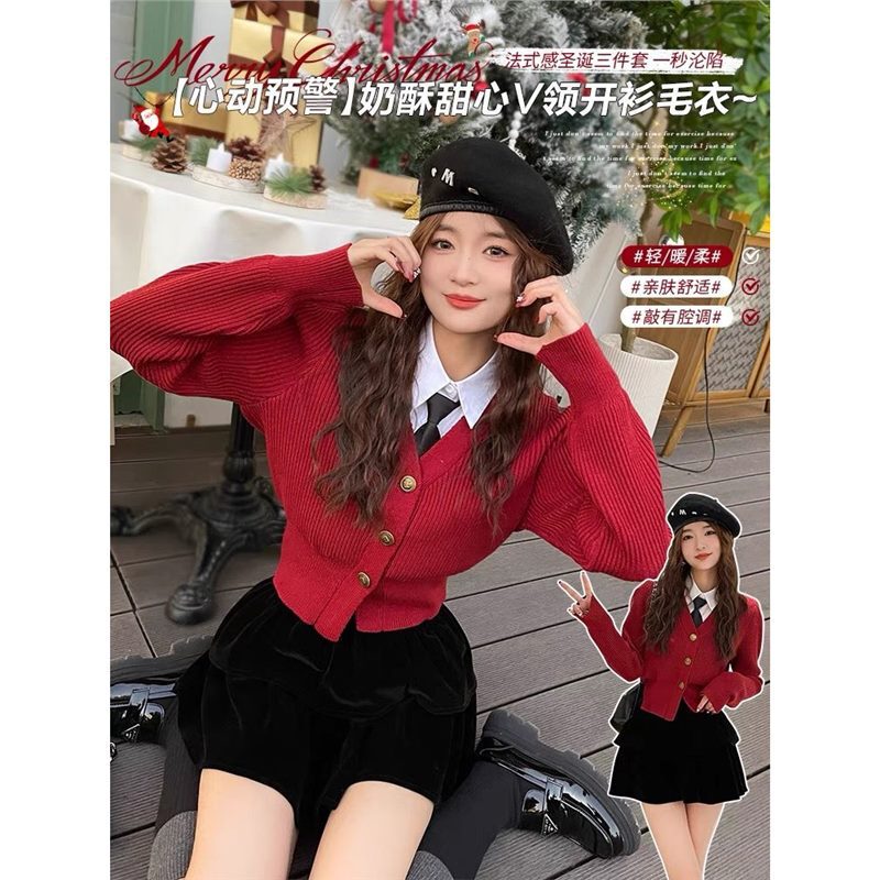 Christmas and New Year Red Sweater Knitted Cardigan Autumn and Winter Outer Wear Waist Slim New Short Style Inner Jacket Top