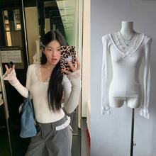 kumikumi纯欲性感蕾丝拼接长袖针织衫女早秋短款弹力修身显瘦上衣