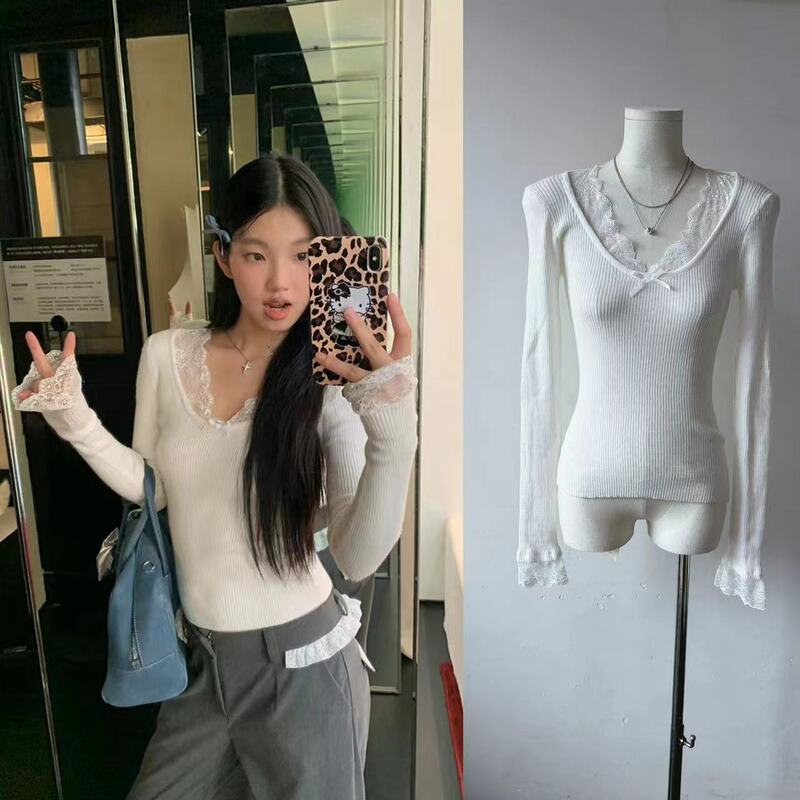 kumikumi Pure Sexy Lace Stitching Long-Sleeved Knitwear Women's Early Autumn Short Stretch Slim-Fit Slimming Top