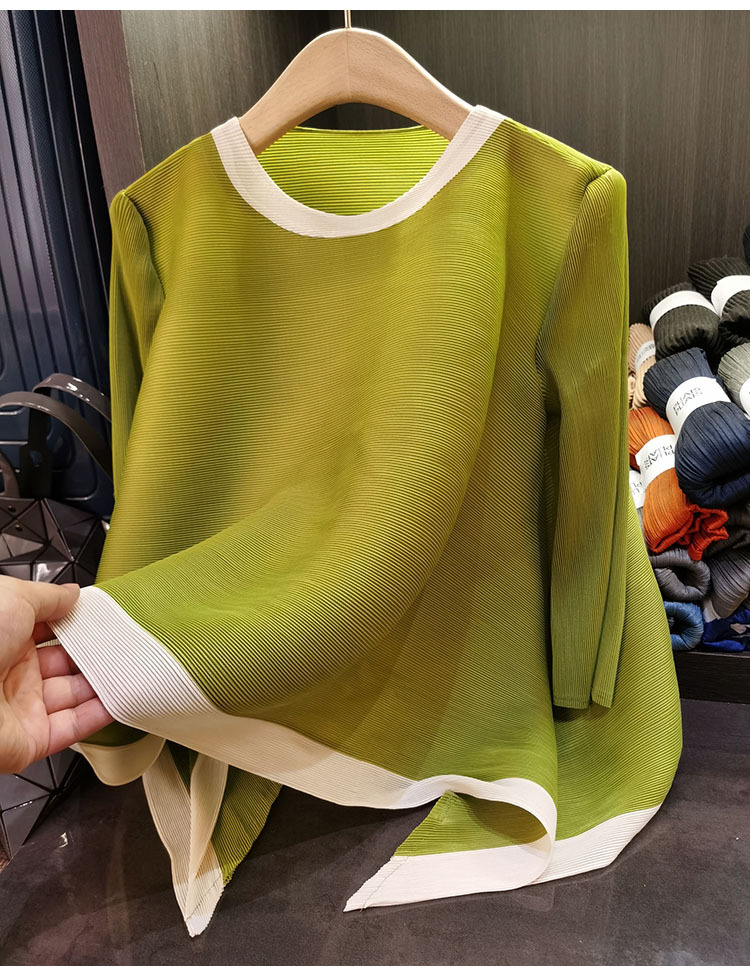 Áo thun nữ cổ tròn tay lỡ phối màu tương phản, dáng rộng xếp ly bất đối xứng — Màu xanh, Màu tím hồng, Màu đỏ hoa hồng, Màu hồng chi tiết 6