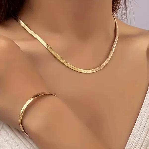 European and American Cross-border Fashion Simple Gold silver Snake Bone Chain Necklace All-match Flat Snake Chain Necklace Bracelet Jewelry suit