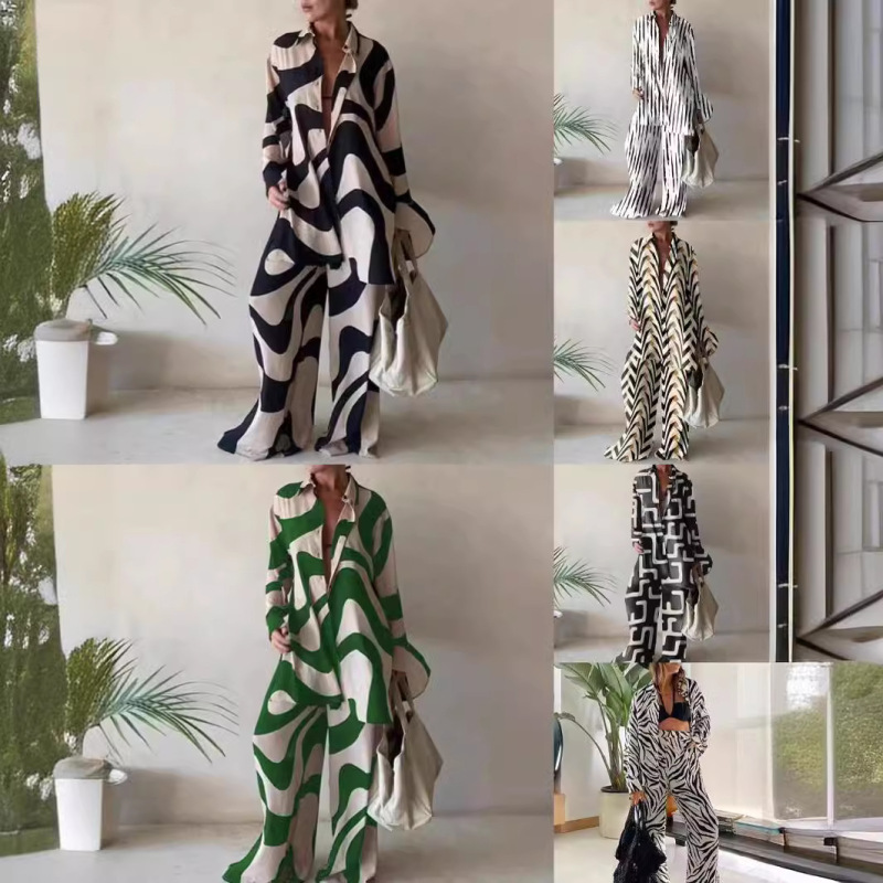 Europe and the United States new printed suit loose long sleeve v straight pants dress travel leisure vacation a generation of hair Europe and the United States new printed suit loose long sleeve v straight pants dress travel leisure vacation a generation of hair