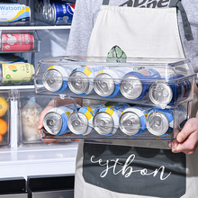 双层滚动设计易拉罐饮料储物架透明抽拉式收纳罐厨房冰箱收纳盒