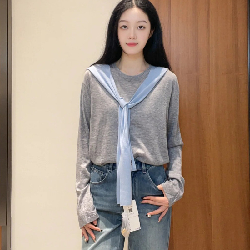 MM披肩圆领长袖针织衫两件套女 2025年秋季新款打底套衫毛衣上衣|undefined