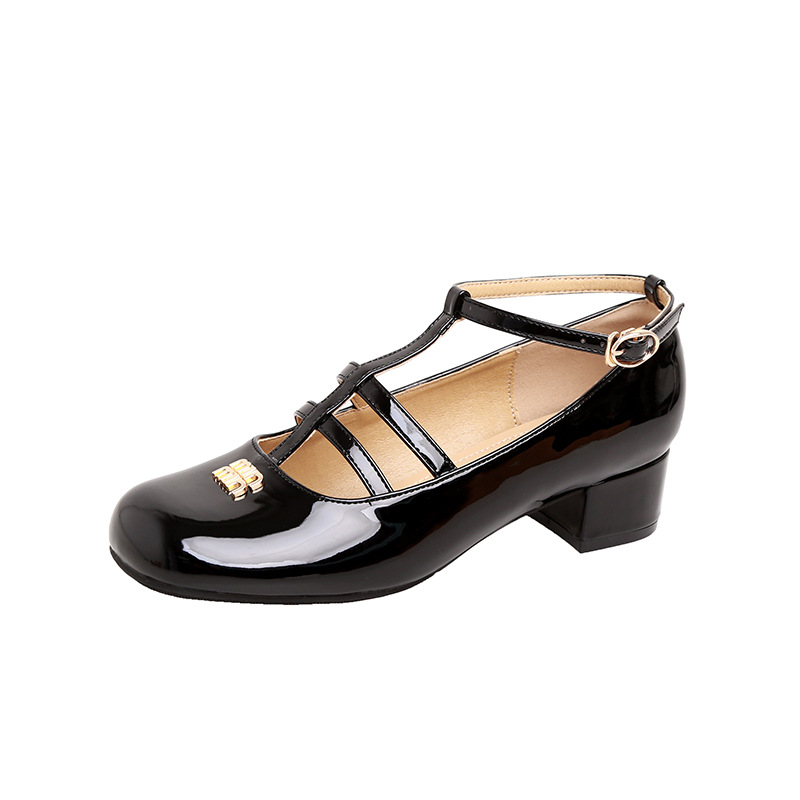 2025 principios de primavera nuevo Miu es una cabeza redonda talón medio con zapatos de piel esmaltada gruesa zapatos de talón único para mujeres