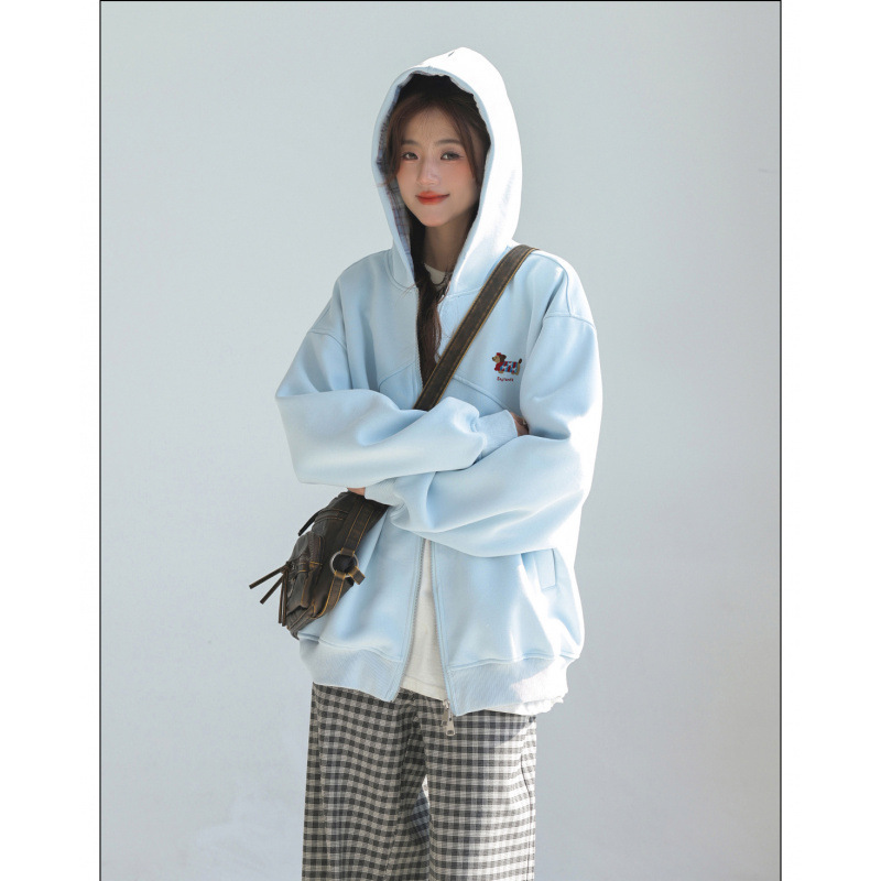Korean Plaid Long-Sleeved Hooded Jacket for Women 2025 Autum New Preppy Style Splicing Embroider Loose Sweatshirt Cardigan