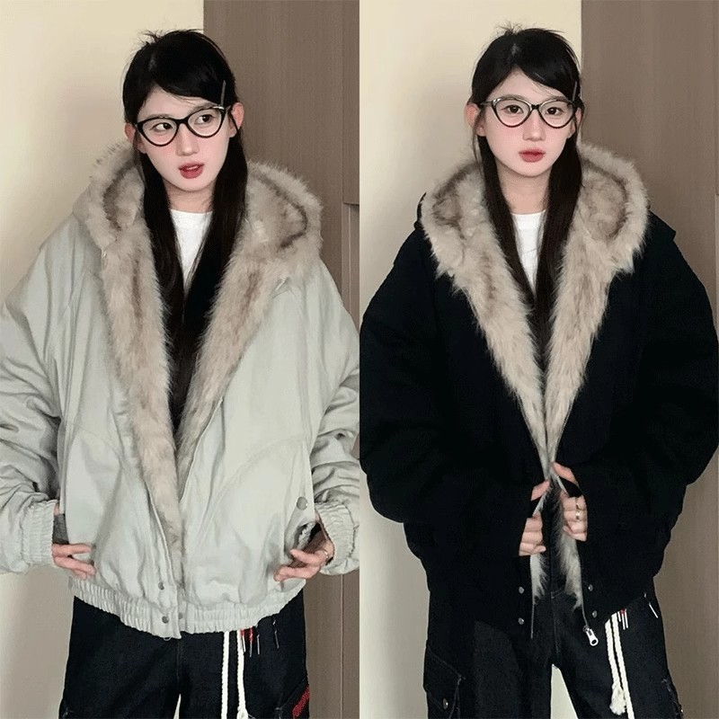 座山雕毛茸茸毛领棉服外套男女加绒加厚夹克美式cleanfit冬季棉衣|undefined