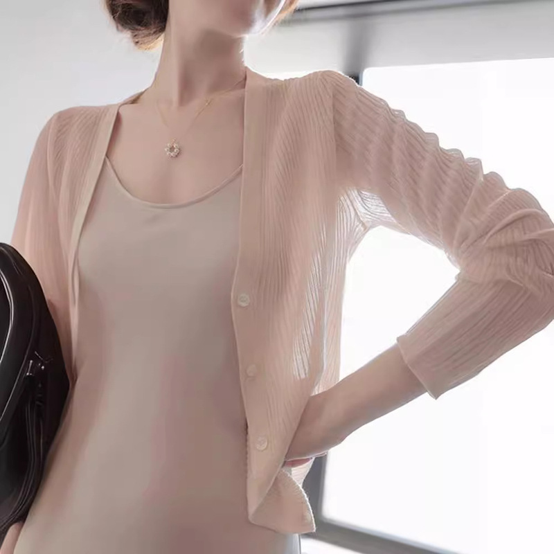 MZOXOM blue crystal ice silk yarn elastic thread cardigan Four-Color Air conditioning shirt sun protection shirt sweater for women Summer