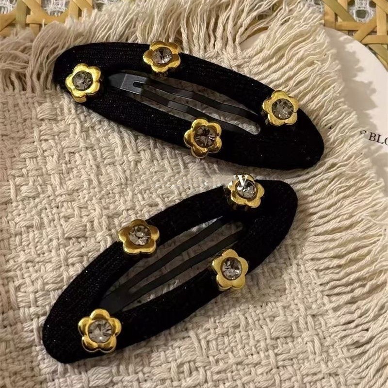 气质经典黑色布艺金色花朵发夹复古重工百搭碎发夹刘海侧边夹发饰