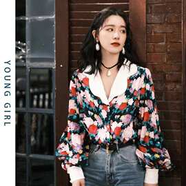 阚清子同款碎花灯笼袖衬衫女设计感小众法式复古港风上衣春秋