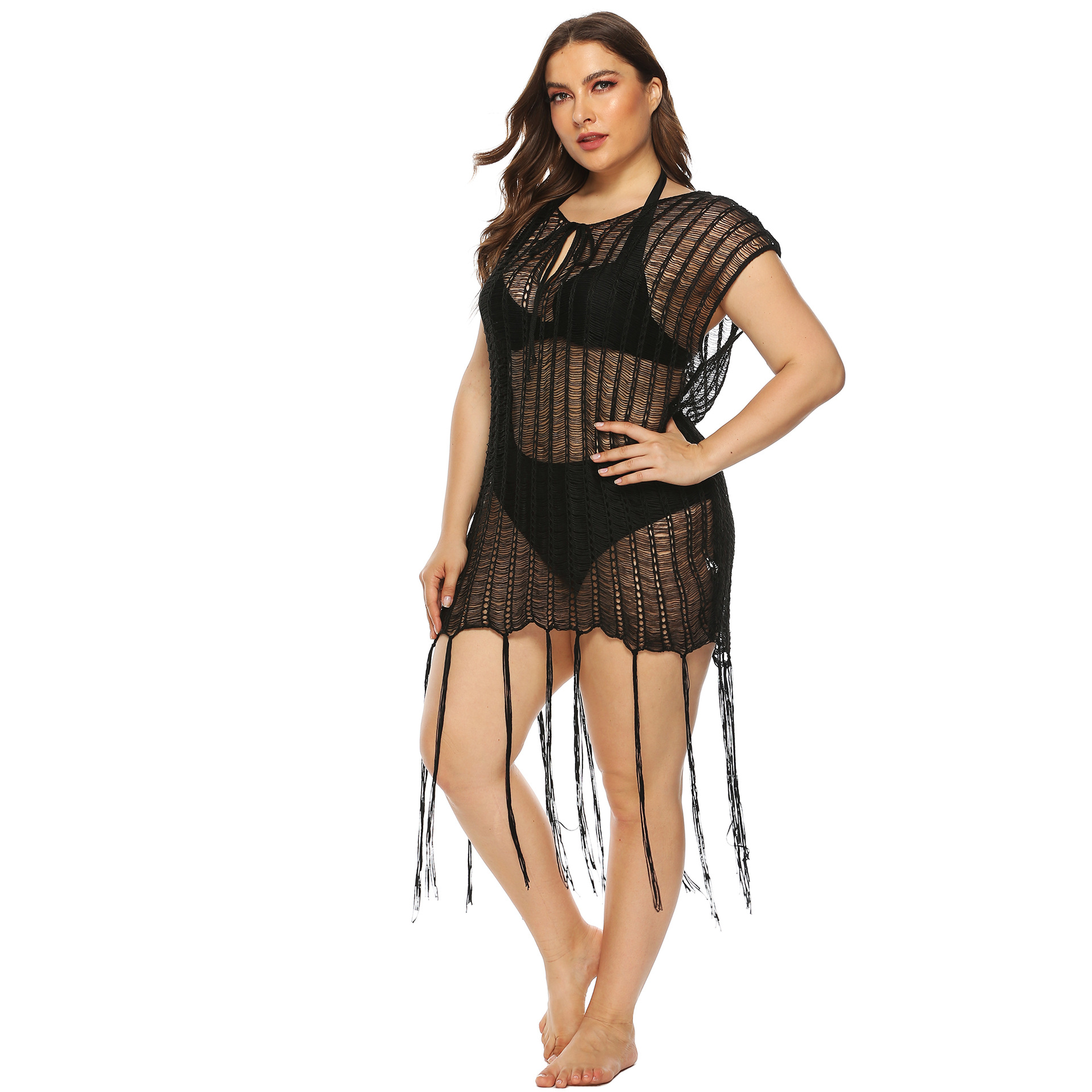 plus size woven tassel stitching beach cover dress NSOY37092