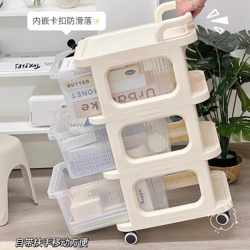 新款少女粉抽屜式收納櫃奶油風兒童斗櫃防塵小推車零食置物架