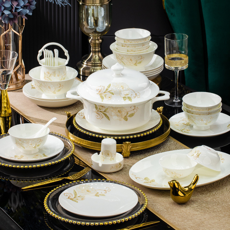 Jingdezhen High-End Ceramic Bowls and Plates, New Luxury Bowl and Plate Set, Household Bone China Bowls, Gift Box