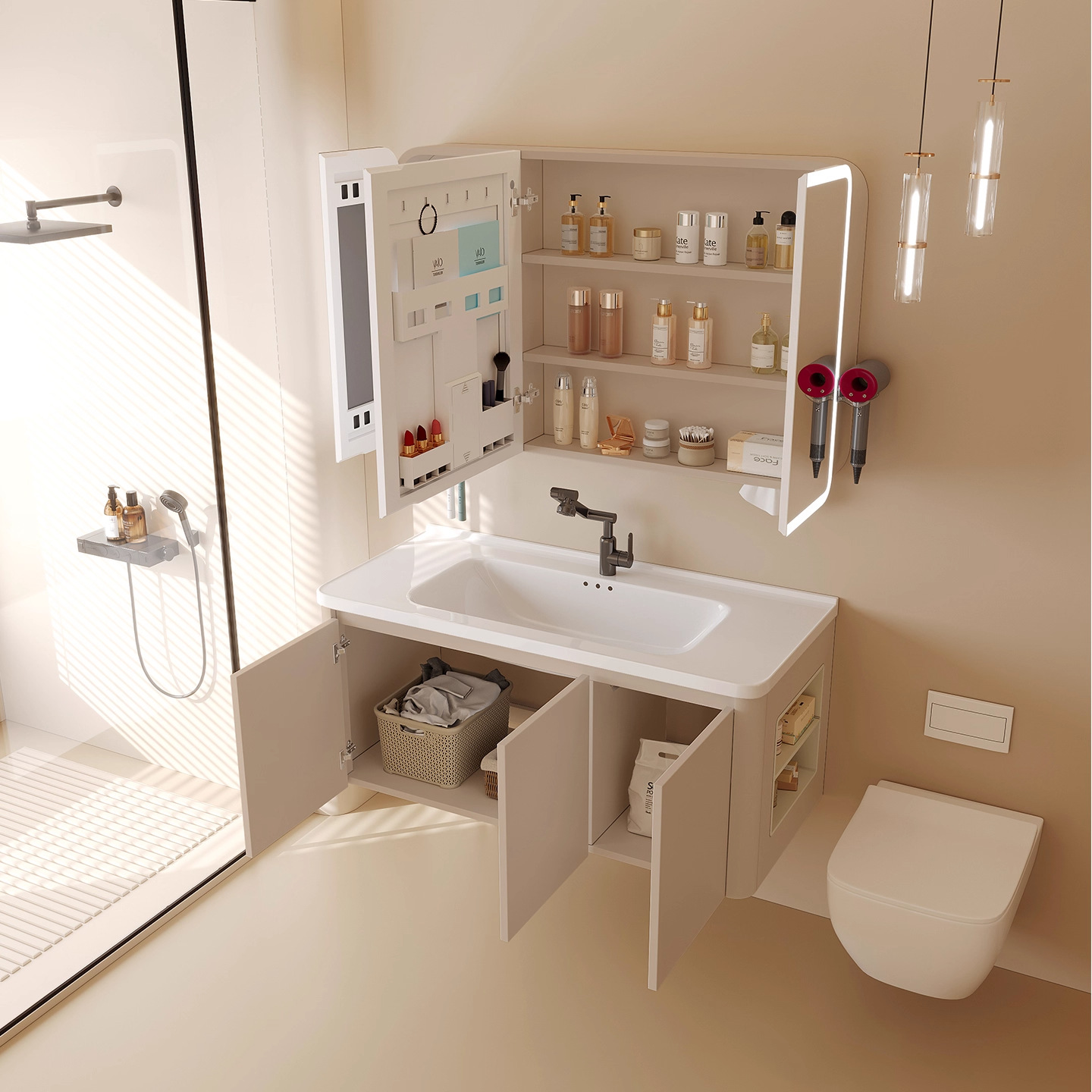 Cream-wind abeja de panela de baño gabinete combinado de cerámica lavabo de mano todo en uno gabinete lateral con cinturón de belleza inteligente