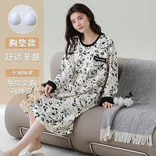 2025新款带胸垫套头长袖睡裙女秋季大码棉质家居服可外穿秋冬睡衣