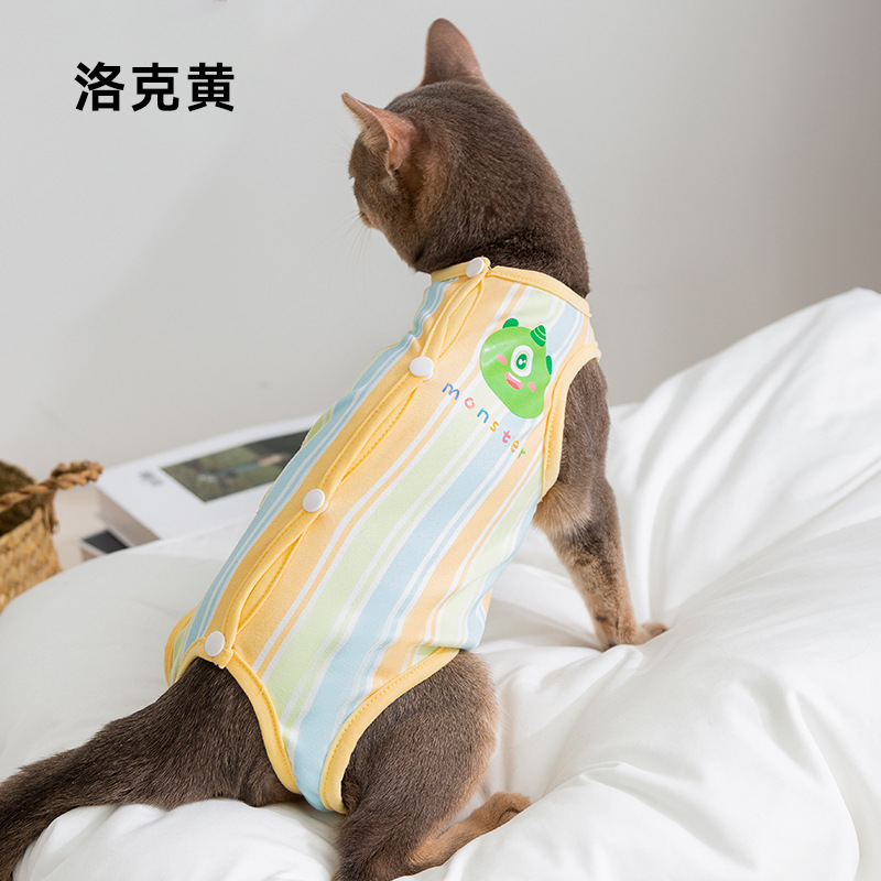 Gato primavera y verano mascota transpirable gata ropa de destete pequeño monstruo ropa de esterilización a rayas para proteger heridas ropa de gato después de la cirugía