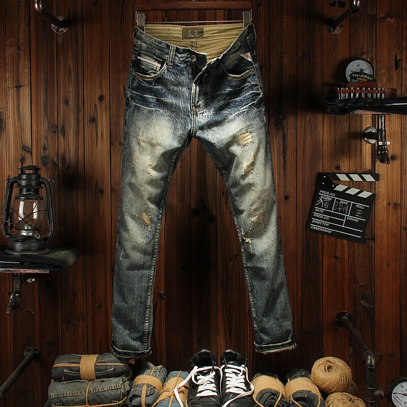 Spring and Autumn Ripped Jeans Men's Slim-fit Small Straight European and American Personality Retro Youth Trendy Patch Beggar Trousers