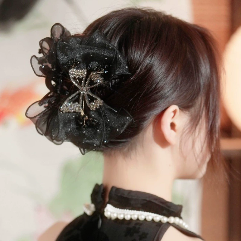 Женская заколка для волос среднего возраста со стразами, ручкой-бабочкой, черный большой головной убор на затылке, оптовая продажа через AliExpress