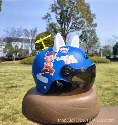 Summer Adjustable Safety Helmet — Motosiklet kaskı (dəbilqə) - blue-nezha-sunscreen-glasses-white-cat-ears-yellow-windmill-3c-children-2-6-years-old-j02